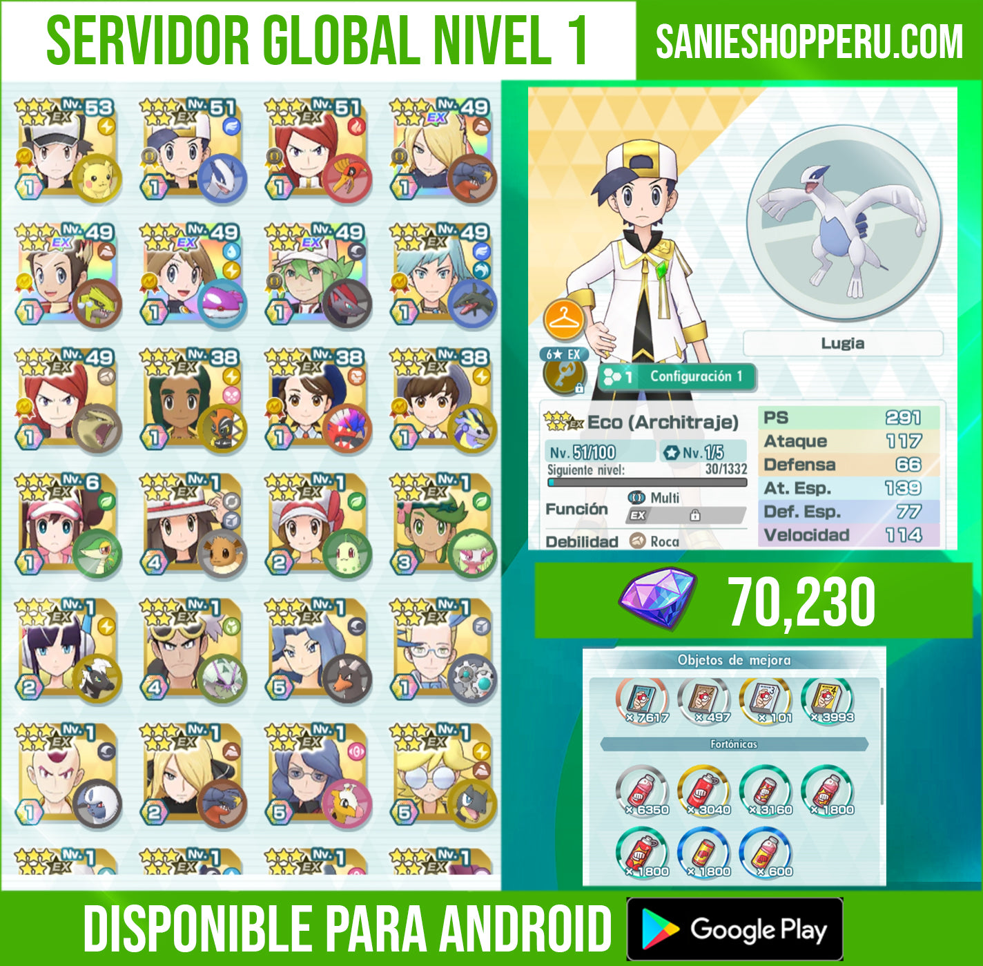 70,230 GEMAS 💎 | Rojo Traje S, Rayo + Eco Architraje + Plata Architraje + Cintia Architraje + Bruno Neocampeon + Aura Neocampeon + N Architraje + Maximo Aniversario + Plata Neocampeon + Florian + Juliana + 70+COMPIS ⭐ | Pokémon Masters EX Cuenta inicial