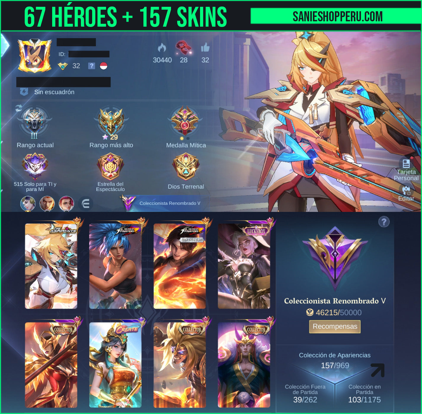 Mobile Legends | 67 HÉROES + 157 SKINS| Aspirant Lesley⭐, KOF: Valir , Karina , LUCKYBOX Alice , COLLECTOR💎: Valir , Pharsa , Badang