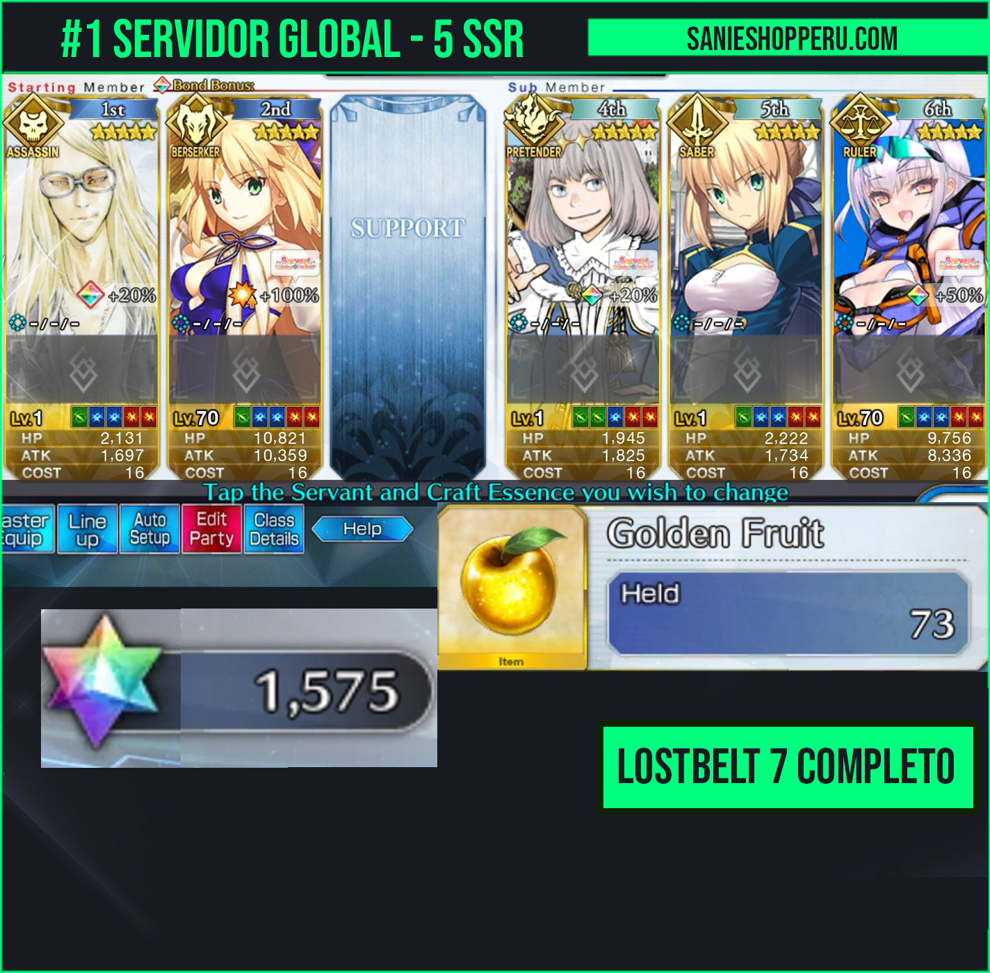 Ftgo Global✨1575+ Saint Quartz💎|#1 Tezcatlipoca (A), Altria Caster (Berserker), Mélusine ondine (R), Oberon, Saber✨Cuenta avanzada