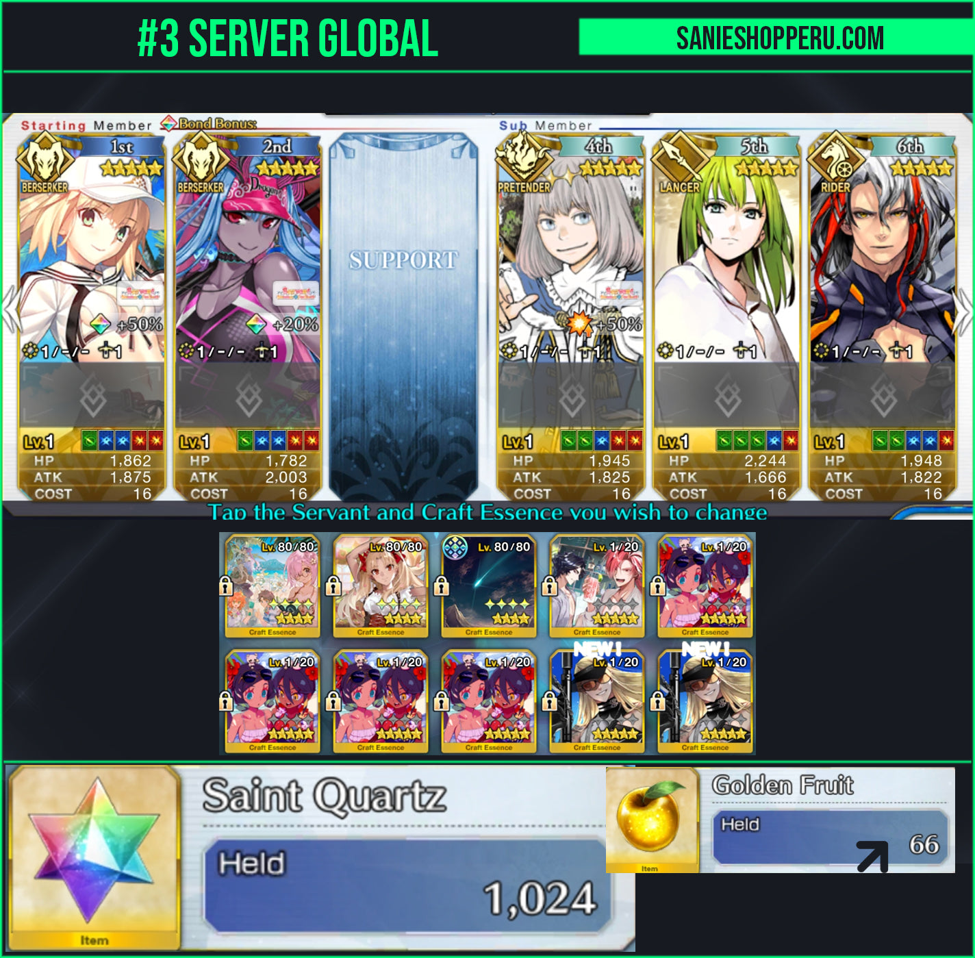 Ftgo Global✨1024+ Saint Quartz💎|#3 Oberon + Altria Caster + Ibuki Douji (Berserker) + Enkidu | Cuenta Avanzada