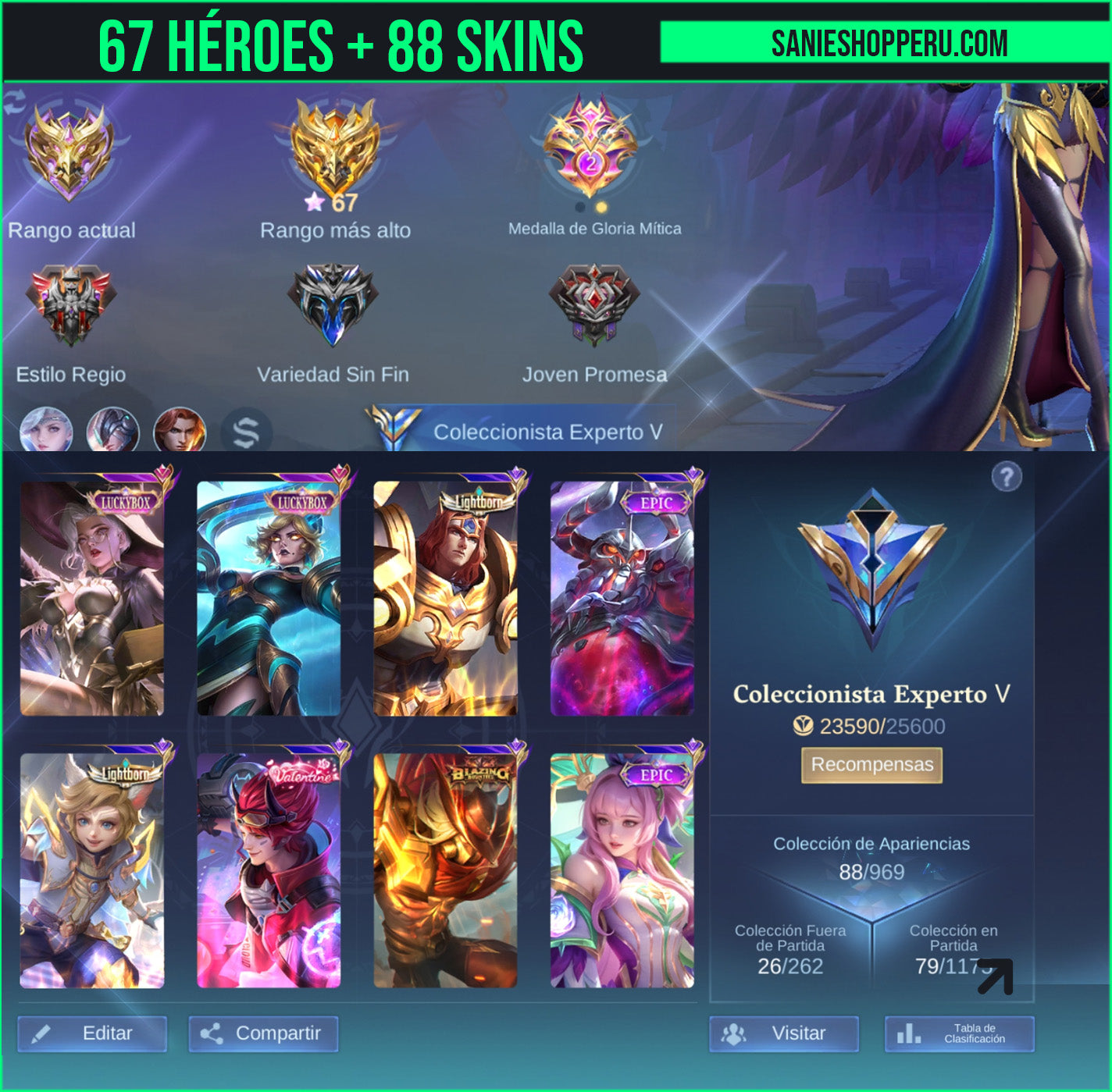 Mobile Legends| 67 HÉROES + 88 SKINS | LUCKYBOX: Alice⭐, Eudora⭐, COLLECTOR Natalia + 6 EPIC⭐VALENTINE CLAUDE , SABER +3