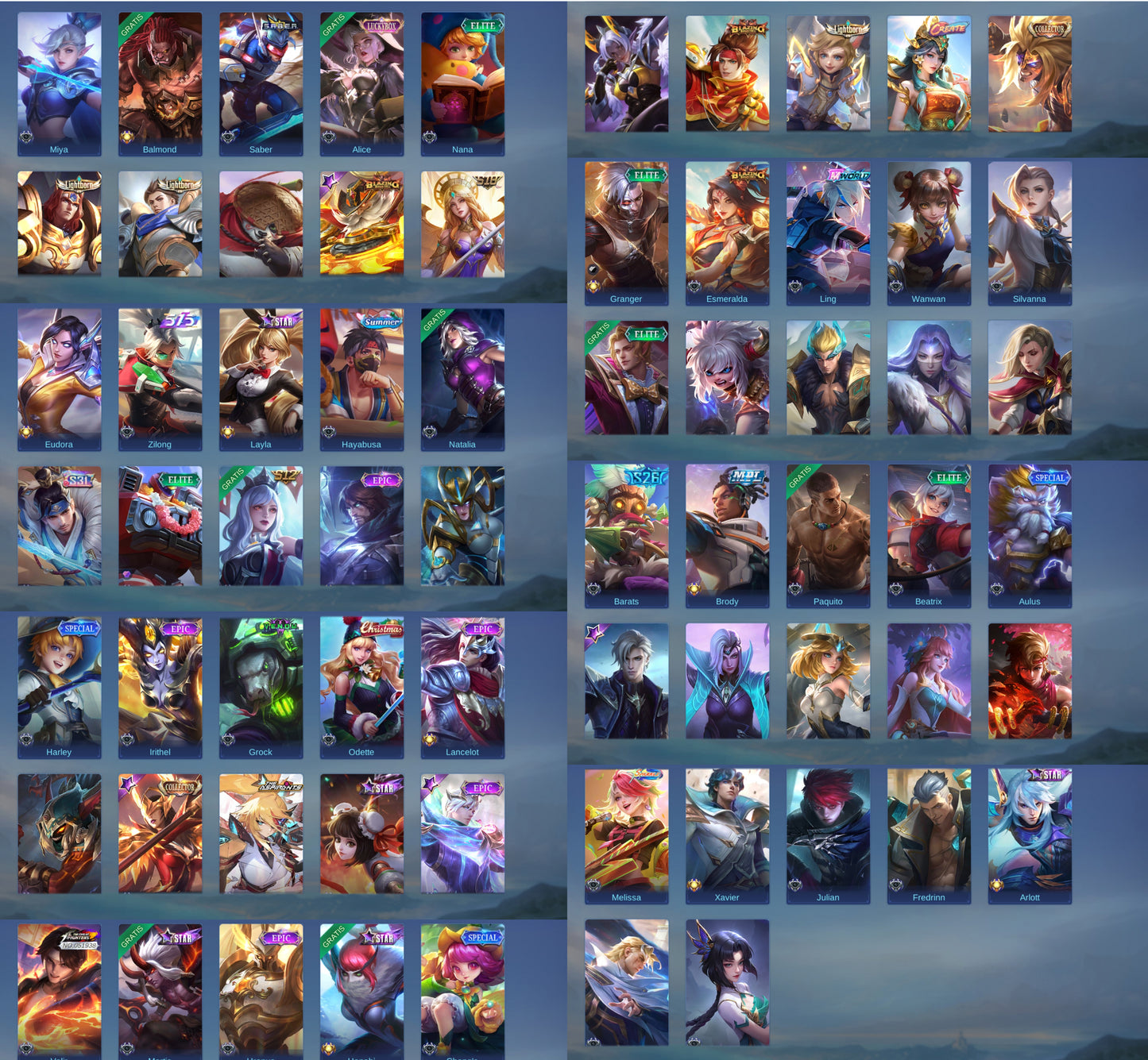 Mobile Legends | 67 HÉROES + 157 SKINS| Aspirant Lesley⭐, KOF: Valir , Karina , LUCKYBOX Alice , COLLECTOR💎: Valir , Pharsa , Badang