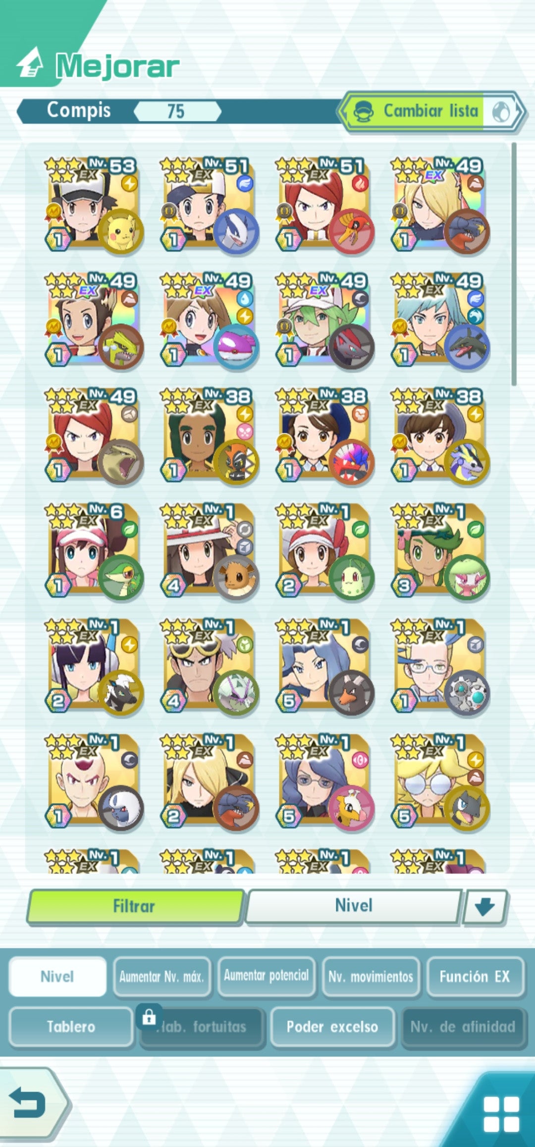 70,230 GEMAS 💎 | Rojo Traje S, Rayo + Eco Architraje + Plata Architraje + Cintia Architraje + Bruno Neocampeon + Aura Neocampeon + N Architraje + Maximo Aniversario + Plata Neocampeon + Florian + Juliana + 70+COMPIS ⭐ | Pokémon Masters EX Cuenta inicial