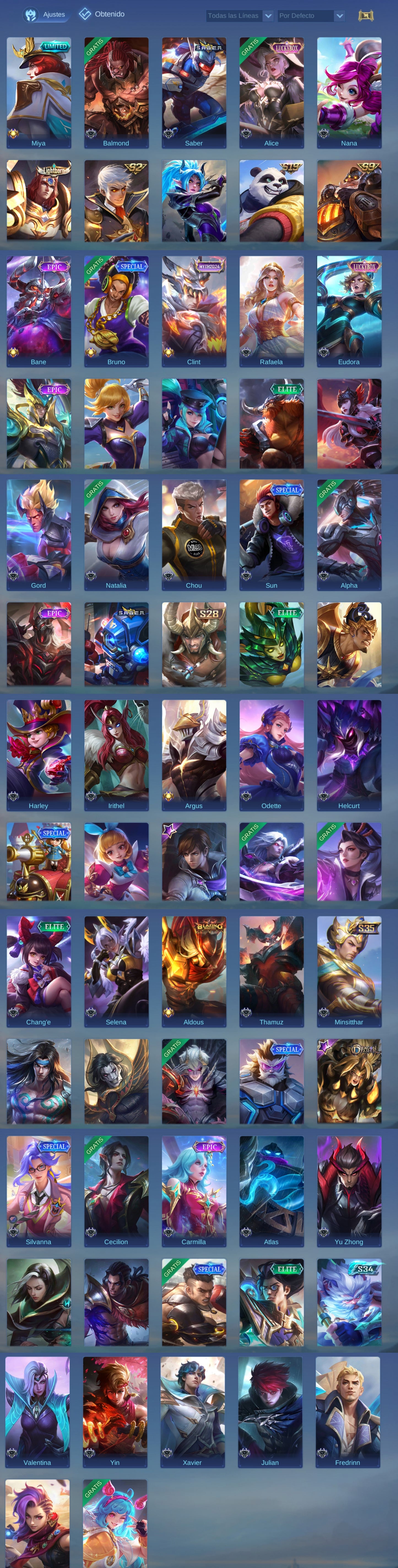 Mobile Legends| 67 HÉROES + 88 SKINS | LUCKYBOX: Alice⭐, Eudora⭐, COLLECTOR Natalia + 6 EPIC⭐VALENTINE CLAUDE , SABER +3