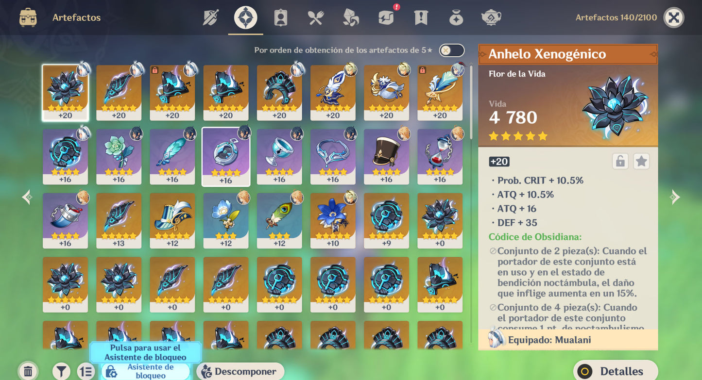 Nivel 53 ✨Mualani C1 + Hora de Surfear ✨ , Kazuha +Juramento por la libertad✨, Yelan , Ganyu , Mona , Keqing , Tighnari , Diluc