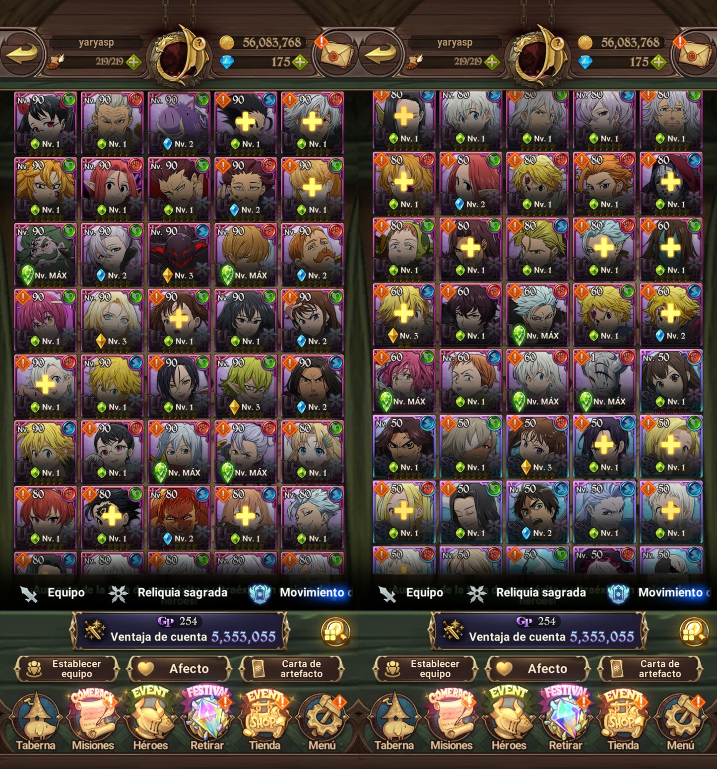 SERVER GLOBAL | 185+💎| 5LR | 5.3 millones poder | Escanor el Indomable 2/6 , Caballero errante Gowther , Arturo del Caos , Meliodas Rey Demonio 4/6 , Pesadilla Sabunak | 20 collab