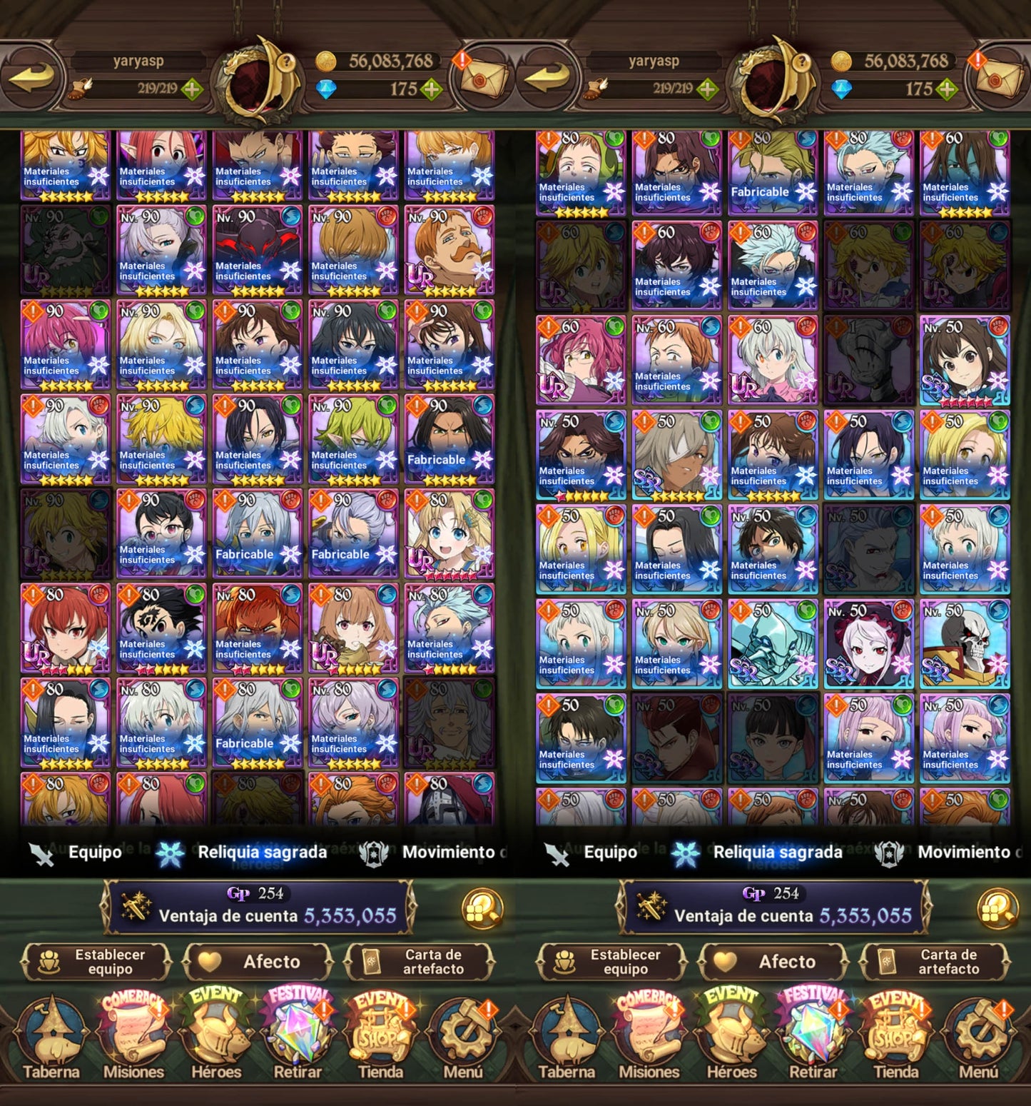 SERVER GLOBAL | 185+💎| 5LR | 5.3 millones poder | Escanor el Indomable 2/6 , Caballero errante Gowther , Arturo del Caos , Meliodas Rey Demonio 4/6 , Pesadilla Sabunak | 20 collab