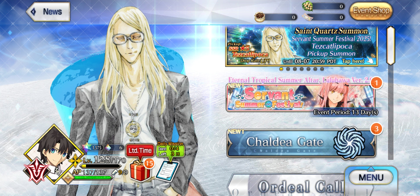 Ftgo Global✨1575+ Saint Quartz💎|#1 Tezcatlipoca (A), Altria Caster (Berserker), Mélusine ondine (R), Oberon, Saber✨Cuenta avanzada