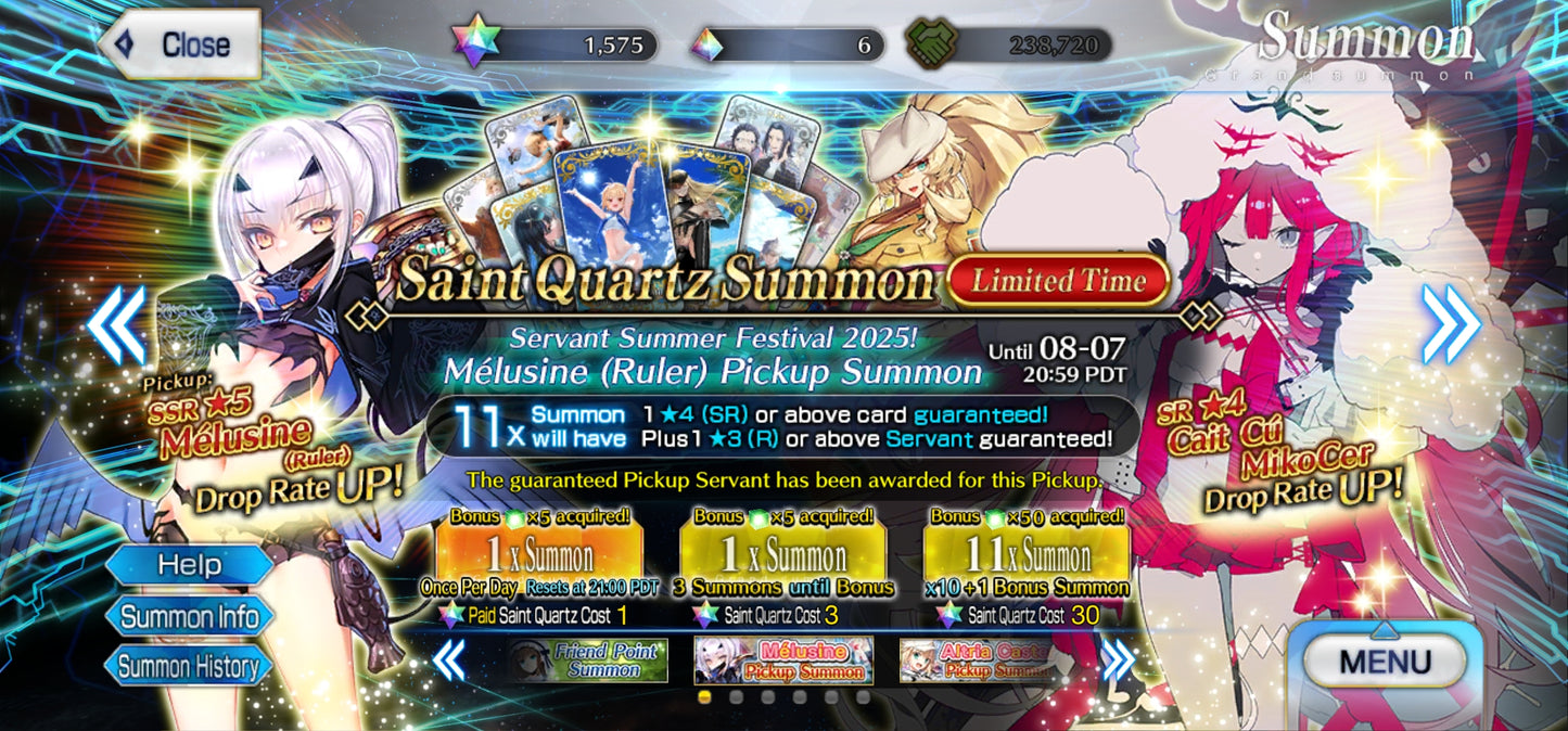 Ftgo Global✨1575+ Saint Quartz💎|#1 Tezcatlipoca (A), Altria Caster (Berserker), Mélusine ondine (R), Oberon, Saber✨Cuenta avanzada