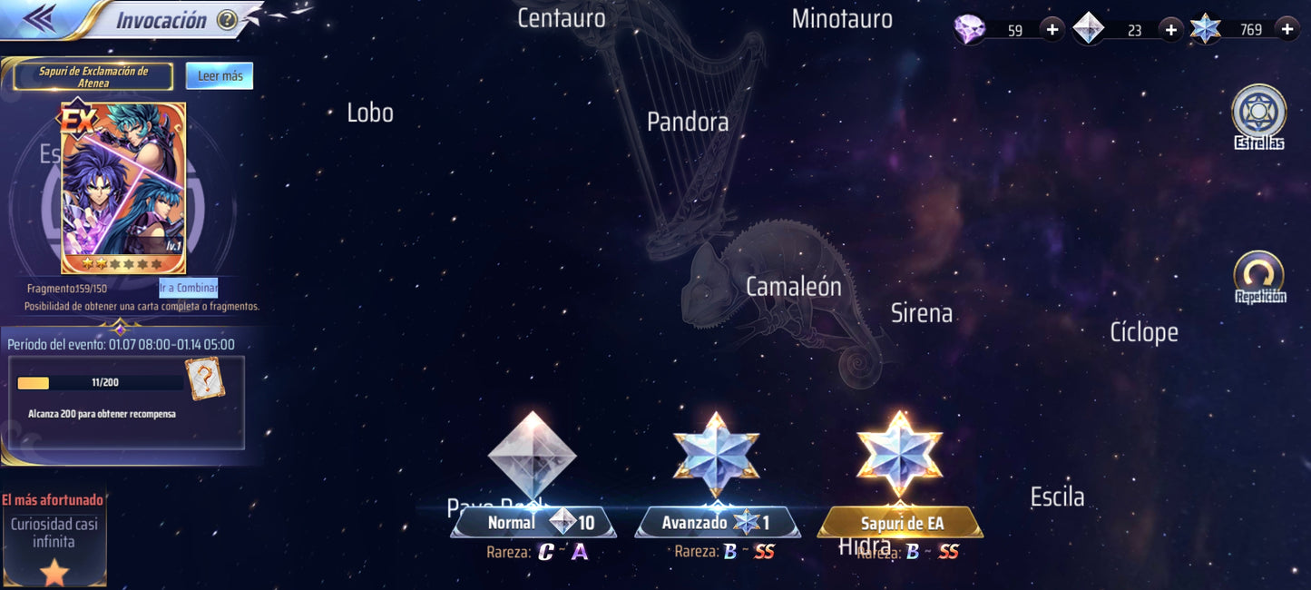 (SERVER GLOBAL-CUENTA INICIAL) +769 GEMAS💎 Saint Seiya Awakening : Sapuri Exclamación + Hades + Perséfone + Odiseo + Partita , etc