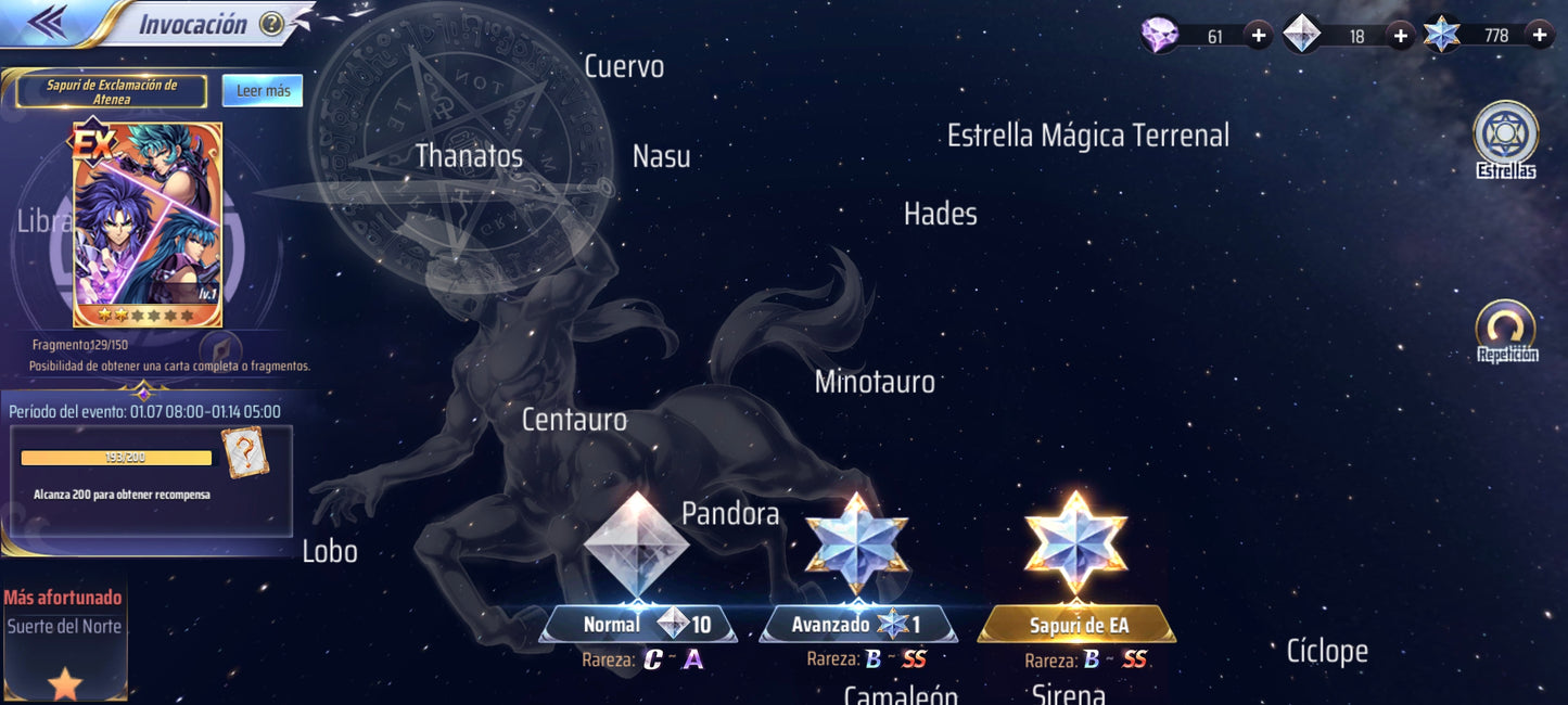 (SERVER GLOBAL-CUENTA INICIAL) +778 GEMAS💎 Saint Seiya Awakening : Sapuri Exclamación + Hades + Artemisa + Thanatos + Hypnos + Alone Hades + Poseidón , etc