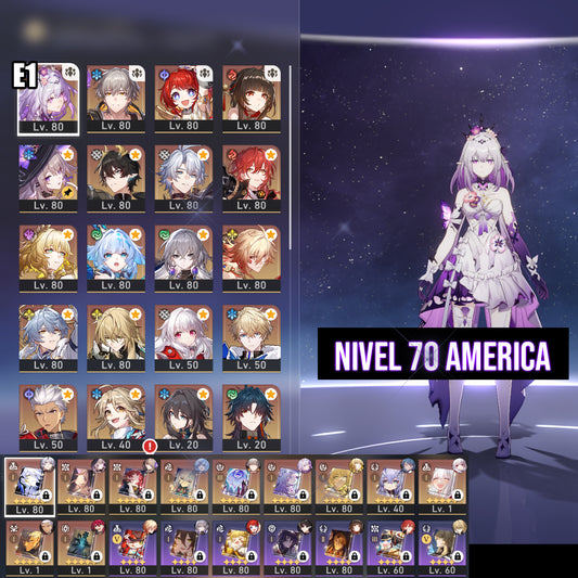 TL 70 SERVER AMERICA⭐️Castorice E1 + Cono , Phainon + Cono , Cerydra + Cono , Aglaea + Cono , The Herta + Cono , Archer + Cono ,  Sunday + Tribbie + Mydei + Luocha + Ruan Mei + Lingsha + Blade + Bronya E1 + Himeko E1 + Clara + Yanqing
