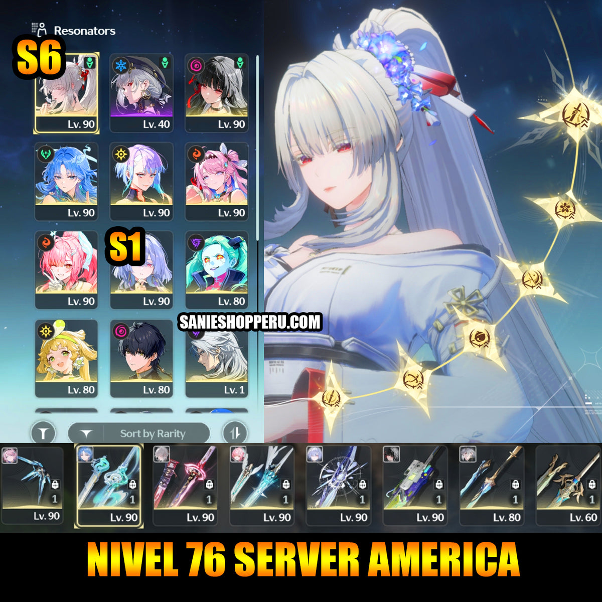 [NA] Lvl 76 Hiyuki S6 + Arma , Qingxiao + Arma,  Aemeath + Arma , Mornye S1 + Arma,  etc