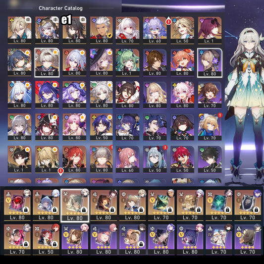 TL70 NA⭐️Cipher + Kafka + Huohuo + The Herta + Firefly + Acheron +LC, Black Swan + Sparkle +LC, Aventurine + Ruan Mei E1 + Yunli + Feixiao +LC, Jingliu +LC, Topaz + Fu Xuan + Archer + Luocha + Dan Heng Permansor Terrae + Dr. Ratio + Bronya E3 + Himeko E1