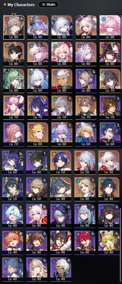 NA Lvl 70| Yao Guang + Sparxie + Cyrene + Silver Wolf LV.999 + Evernight + Hyacine + Castorice + Dan Heng Permansor Terrae + Archer + Gilgamesh + Huohuo + Jingliu + Sparkle + Topaz + Dr. Ratio