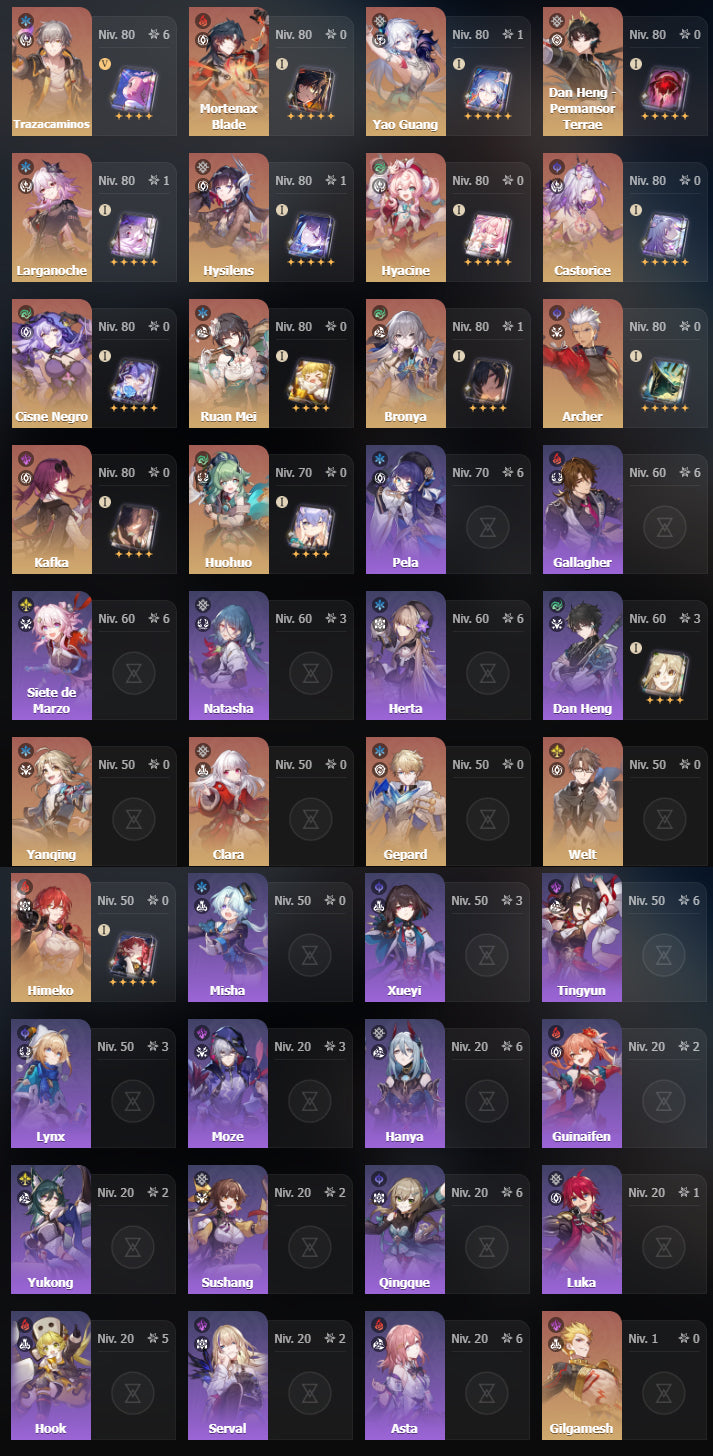 NA[Lvl 70 + Cumpleaños Libre] Yao Guang E1 + Cono , Mortenax Blade + Cono , Hyacine + Cono , Castorice + Cono , Larganoche E1 + Cono , Hysilens E1 + Cono , Cisne Negro + Cono , Ruan Mei + Archer + Huohuo + Kafka + Dan Heng Permansor Terrae + Gilgamesh +