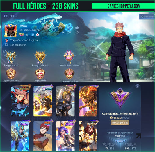 Mobile Legends | TODOS LOS HÉROES + 238 SKINS | YUJI ITADORI ✨, COLLECTOR ✨ NATALIA , MWORLD ✨YIN , ETC