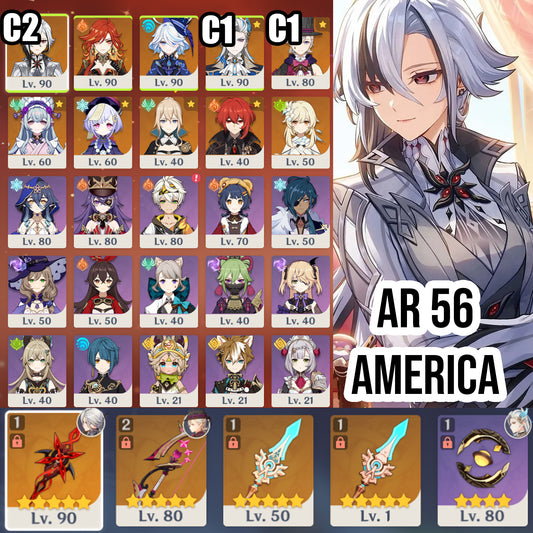 [Nivel 56] Arlecchino C2 + Arma , Mavuika , Lyney C1 + Arma , Furina , Neuvillete C1 + Jean C1, Qiqi , Diluc , Mizuki