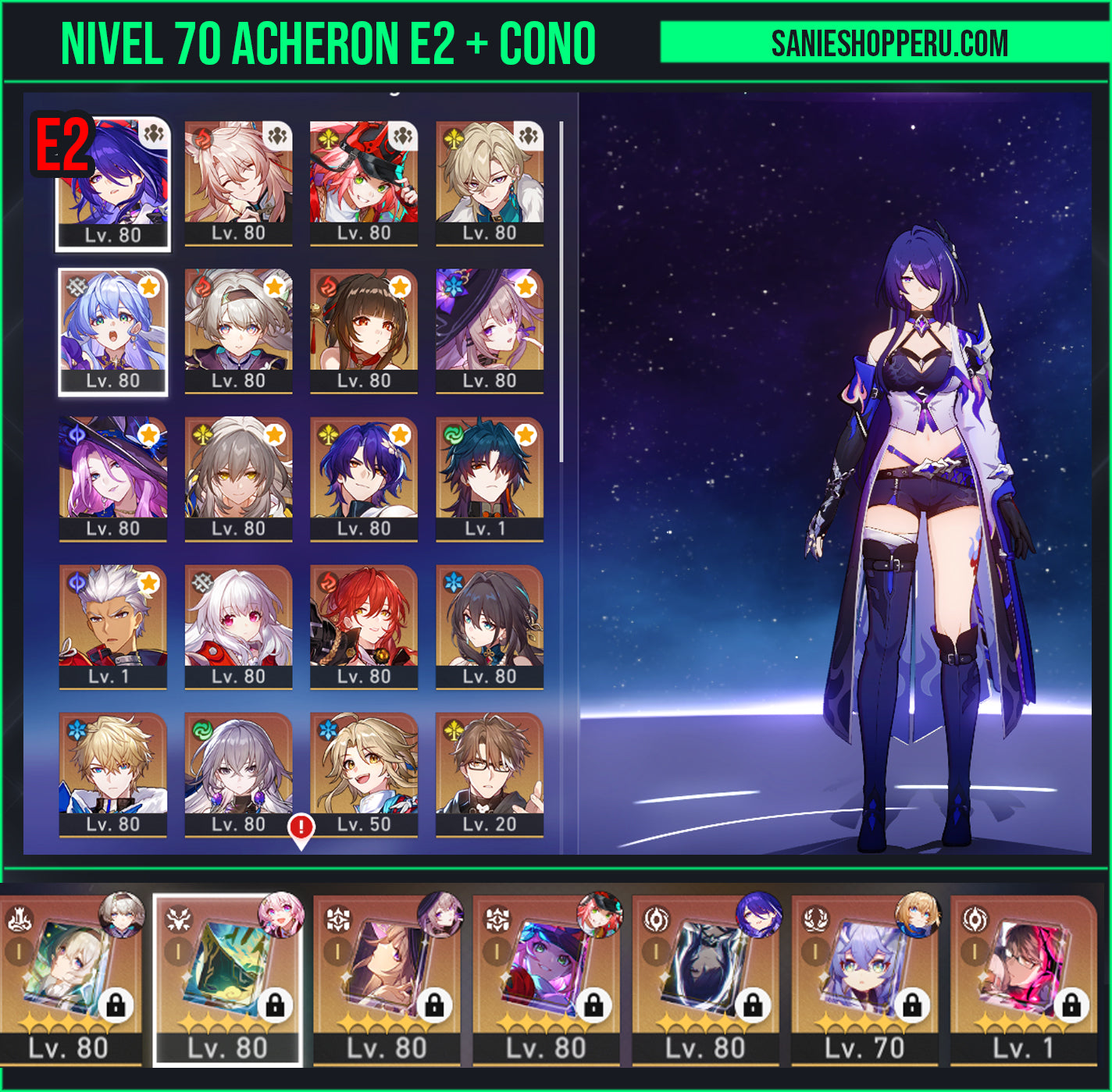 [Nivel 70] Acheron E2 + Cono + The Herta E1 + Cono + Firefly + Cono + Rappa + Cono + Lingsha + Aventurine  + Jiaoqiu + Jade + Ruan Mei + Blade + Archer + Dr Ratio + Bronya E2 + Gepard + Clara E2 + Himeko + Welt E1