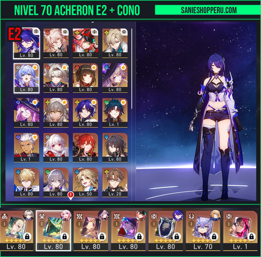 [Nivel 70] Acheron E2 + Cono + The Herta E1 + Cono + Firefly + Cono + Rappa + Cono + Lingsha + Aventurine  + Jiaoqiu + Jade + Ruan Mei + Blade + Archer + Dr Ratio + Bronya E2 + Gepard + Clara E2 + Himeko + Welt E1
