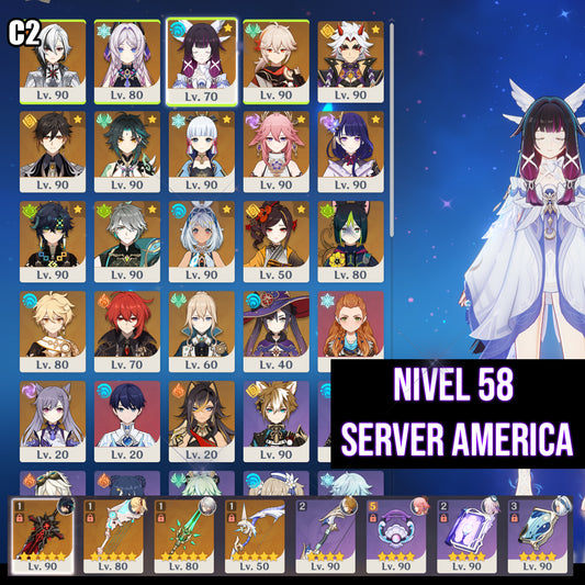 AR 58 AMERICA⭐️Columbina + Arlecchino C2 + Citlali + Kazuha + Zhongli + Mualani + Kinich + Alhaitham + Yae Miko + Chiori + Arataki Itto + Xiao + Ayaka + Raiden Shogun + Jean C2 + Diluc C1 + Tighnari C1 + Mona + Dehya + Aloy + Keqing