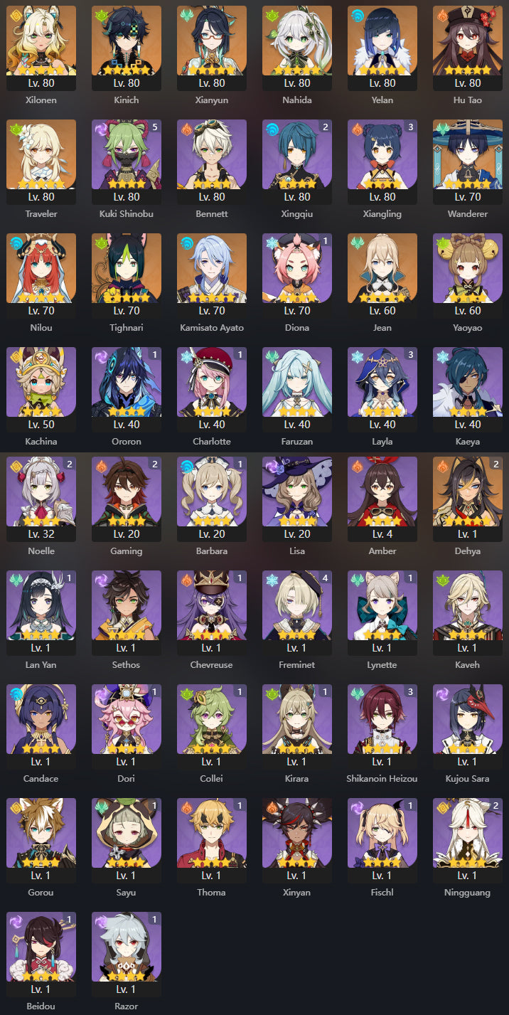 [Nivel 54] ✨Hu Tao + Yelan + Nahida + Xilonen + Xianyun + Kinich + Wanderer + Nilou + Ayato + Dehya C2 + Jean + Tighnari