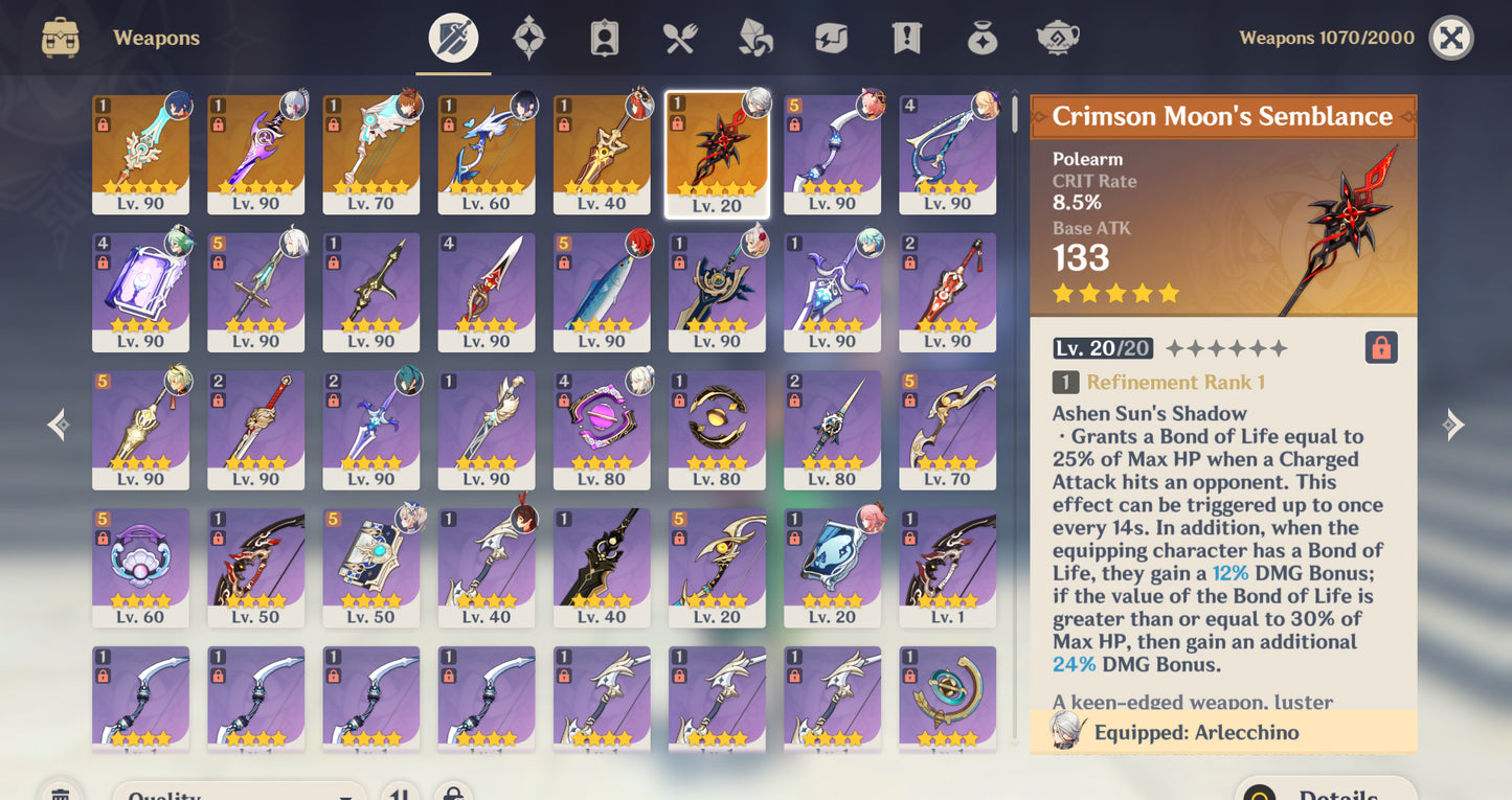 [AR 59/TL70] ⭐️ Blade + Jingliu + Acheron + Silver Wolf + Dr Ratio + Gepard + Bailu + Bronya + Clara + Yanqing + Himeko + &nbsp;Shenhe + Ayaka + Yelan + Kokomi + Yae Miko + Tartaglia + Nilou + Arlecchino + Tighnari + Diluc + Keqing + Jean + Aloy + QIqi