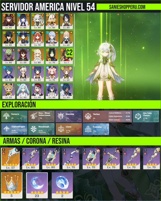 [Nivel 54] ✨Hu Tao + Yelan + Nahida + Xilonen + Xianyun + Kinich + Wanderer + Nilou + Ayato + Dehya C2 + Jean + Tighnari