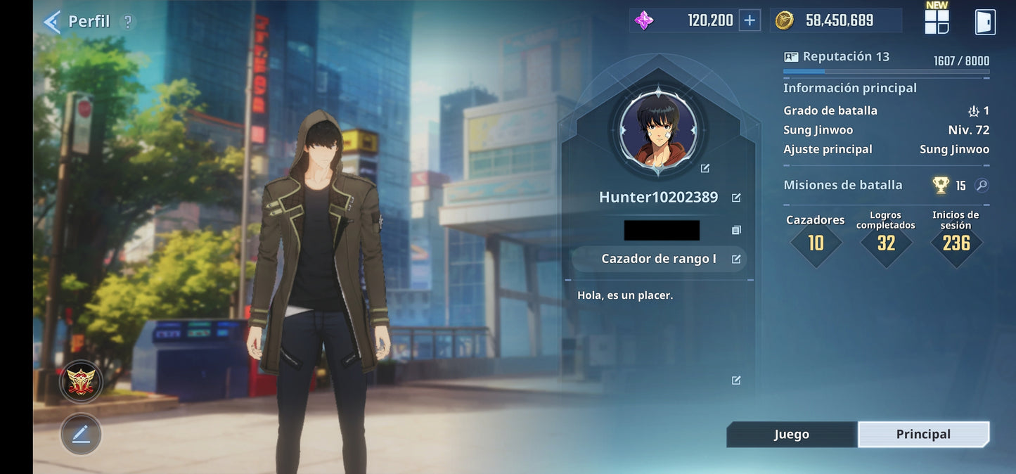 [Global] Nivel 72| +120,200 Piedras esenciales 💎+ 91 Tickets especiales , +760 Tickets personalizados |Cha Hae-In (Nueva) , Woo Jinchul + Arma exclusiva , Go Gunhee |Solo Leveling:ARISE Cuenta inicial reroll