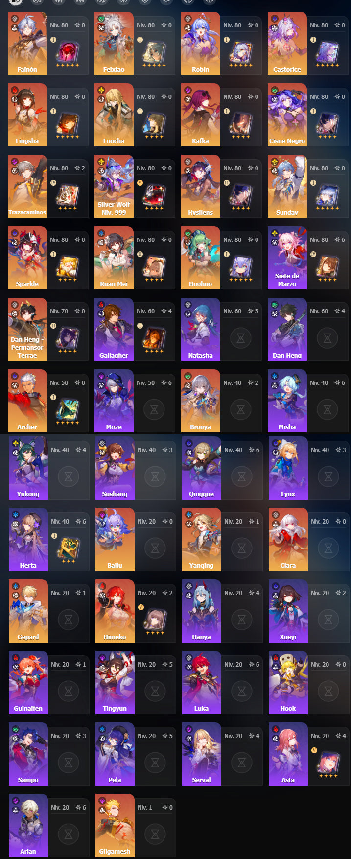 NA[Lvl 70] Castorice + Cono , Silver Wolf Niv.999 + Feixiao + Cono , Fainón + Cono , Robin + Cono , Lingsha + Cono , Kafka + Cisne Negro + Hysilens + Sunday + Cono , Huohuo + Sparkle + Ruan Mei + Luocha + Dan Heng Permansor Terrae + Archer + Gilgamesh