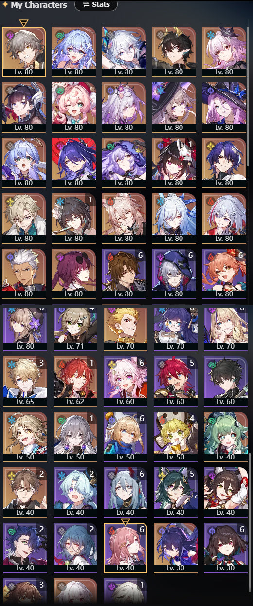 [NA Lvl 70] Robin • Summeretto + Hyacine + Yao Guang +Dan Heng PT+ Evernight + Hysilens + Castorice + The Herta + Cono , Jade+Robin+Acheron+Black Swan+Sparkle+Dr. Ratio+ Aventurine+Topaz+Jiaoqiu+Ruan Mei E1+ Jingliu+Kafka+Huohuo+Archer+ Gilgamesh +Seele