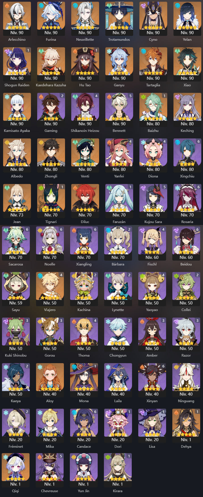 [Nivel 59] ✨Raiden Shogun C1 + Hu Tao C1 + Baizhu C1 + Kazuha + Zhong Li + Neuvillette + Xiao + Ganyu + Ayaka + Cyno + Yelan + Tartaglia + Arlecchino + Albedo + Venti + Wanderer + Tighnari C1 + Dehya C1 + Keqing + Jean + Diluc + Mona + Qiqi + Aloy
