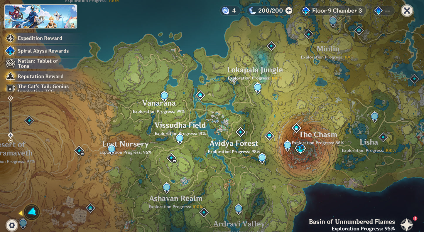 [Nivel 56] Mavuika C1 + Arma + Citlali + Arma + Clorinde + Mona + Tighnari + Qiqi + Keqing + Dehya