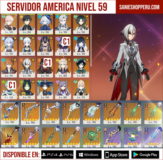 [Nivel 59] ✨Raiden Shogun C1 + Hu Tao C1 + Baizhu C1 + Kazuha + Zhong Li + Neuvillette + Xiao + Ganyu + Ayaka + Cyno + Yelan + Tartaglia + Arlecchino + Albedo + Venti + Wanderer + Tighnari C1 + Dehya C1 + Keqing + Jean + Diluc + Mona + Qiqi + Aloy