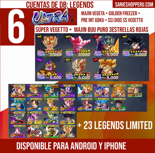 [ANDROID / IPHONE] ⭐️6 ULTRAS ⭐️Super Saiyan GOD SS Vegetto + Super Vegetto + Majin Vegeta + Pre Ultrainstinto Goku + Golden Freezer + Majin Buu puro 3 estrellas rojas +  23 LEGENDS LIMITED⭐️