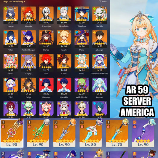 NA AR59| Vesna Hu Tao C2, Mavuika Lauma Arlecchino Neuvillette Zhongli Nahida C1, Varesa Yelan Raiden Shogun Wanderer Chiori Mizuki C1, Dehya Qiqi C2, Diluc Keqing C1