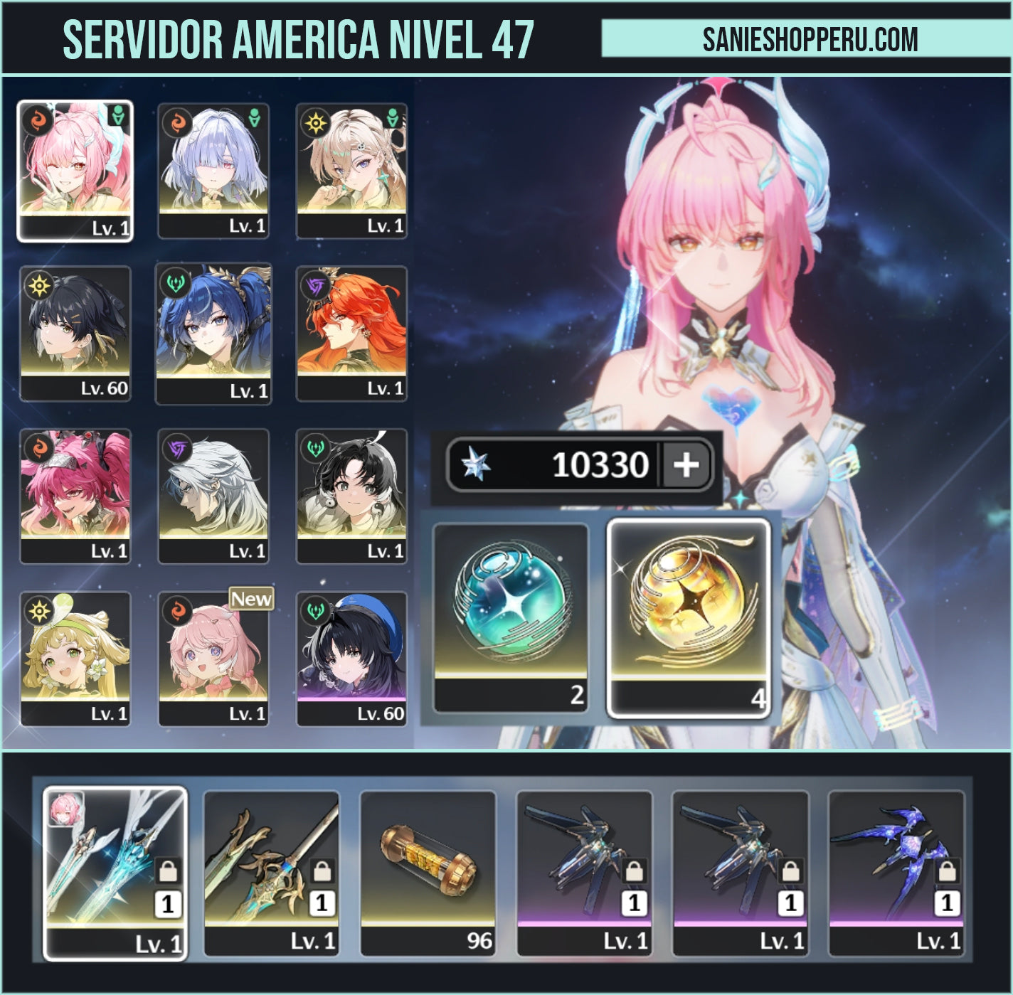 [Nivel 47] 10,330 Astritas 💎+ Aemeath + Arma + Augusta +  Mornye + Lynae + Iuno + Lupa