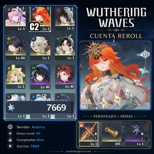 Sv. America⭐️Nivel 40| Augusta C2 + Arma | Denia + Chisa | 7669 Astritas💎 | Wuthering Waves CUENTA REROLL