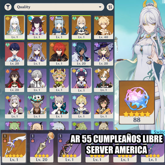 (REROLL + CUMPLEAÑOS LIBRE) Nivel 55 + Columbina + Zibai + Ineffa + Jean + Keqing + 88 Destinos Entrelazados ✨