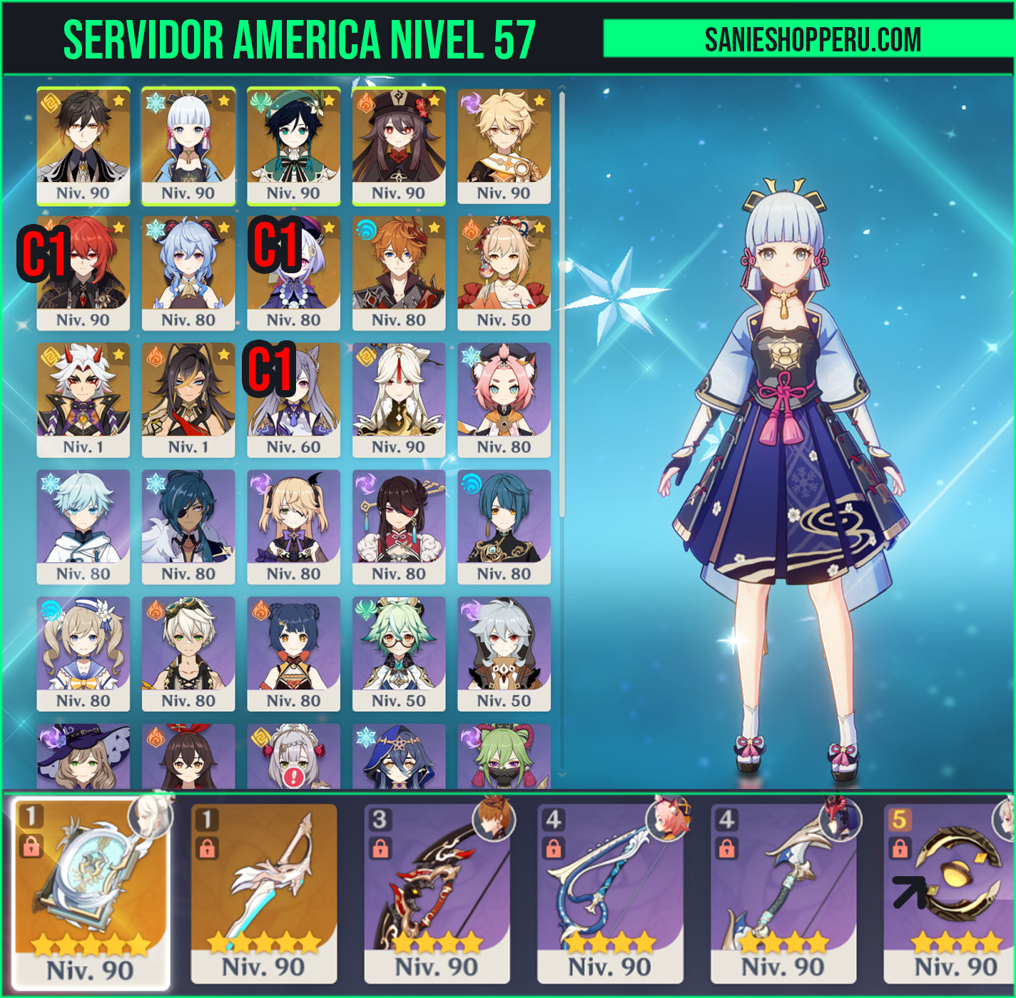 [Nivel 57] | Zhongli + Itto + Tartaglia + Hu Tao + Venti + Ganyu + Yomiya + Ayaka + Aquila Favonia + Oración Perdida + Qiqi C1+ Keqing C1+ Dehya + Diluc C1 | Genshin Impact Cuenta