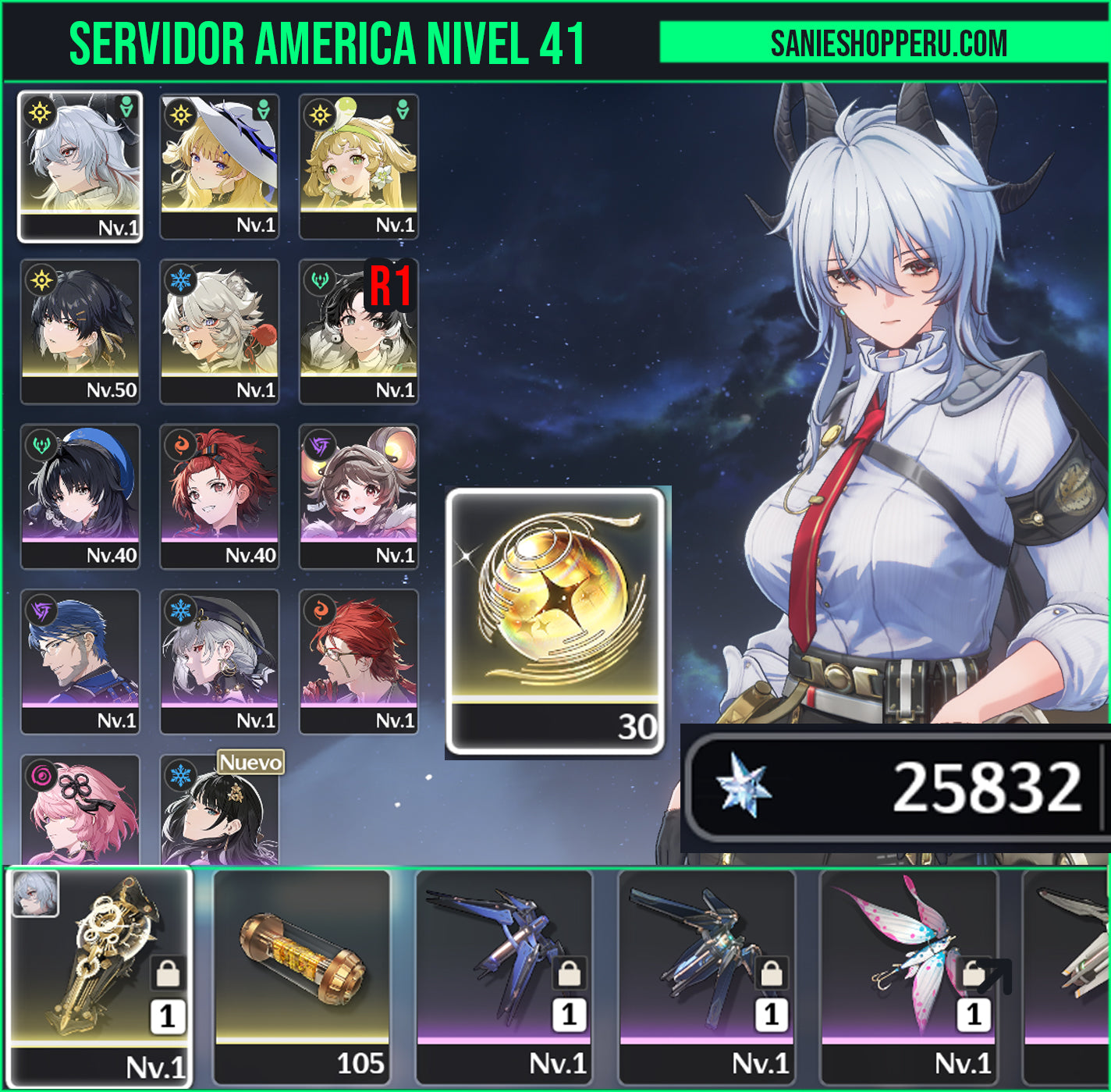 [Nivel 41]✔️Cumpleaños libre | 25832 Astritas 💠, +30 Mareas radiantes 💎| Zani + Arma 5⭐(Veredicto del destello)+  Phoebe , Jianxin R1+ Veritas + Lingyang | Wuthering Waves Cuenta reroll