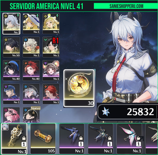 [Nivel 41]✔️Cumpleaños libre | 25832 Astritas 💠, +30 Mareas radiantes 💎| Zani + Arma 5⭐(Veredicto del destello)+  Phoebe , Jianxin R1+ Veritas + Lingyang | Wuthering Waves Cuenta reroll