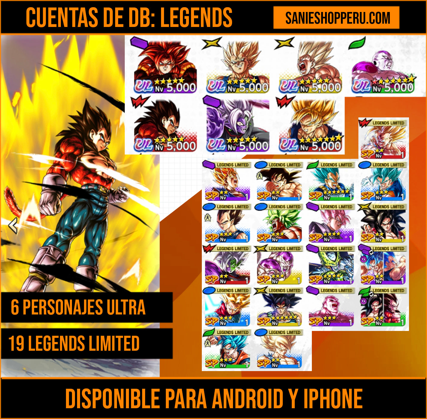 [Android & Iphone] 6 ULTRAS⭐️Zamasu fusionado ULTRA + Freezer máximo poder 1 estrella roja ULTRA + Supersaiyajin Goku ULTRA + Supersaiyajin 4 Vegeta ULTRA + SSJ4 Gogeta ULTRA + Majin Vegeta ULTRA + 19 LEGENDS LIMITED