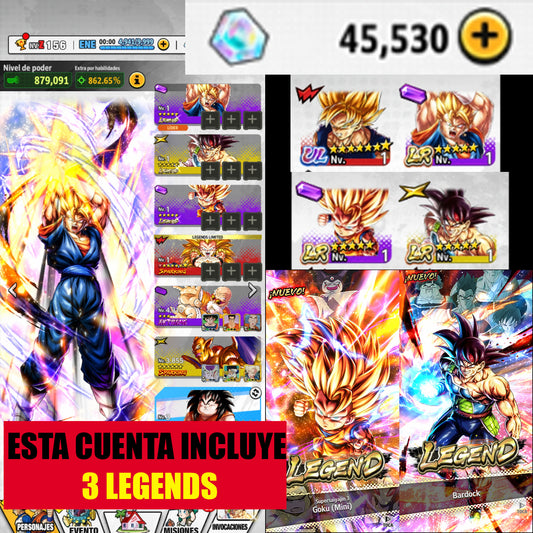 [ANDROID] 45,530 Cronocristales💎3 LEGENDS⭐️ Goku (MINI) , Súper Vegetto + Bardock + 6 LL |DRAGON BALL Legends Cuenta