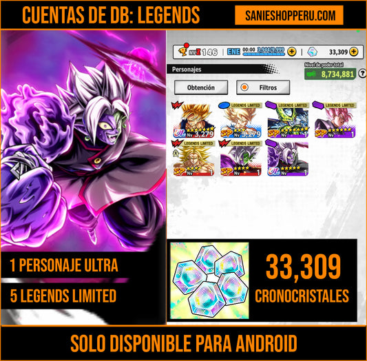 [Android] 33,309 Cronocristales 💎|  ⭐️ Mitad Corrupto Zamasu fusionado [ULTRA] | ⭐️ 5 Legends Limited | Dragon Ball: Legends Cuenta Reroll