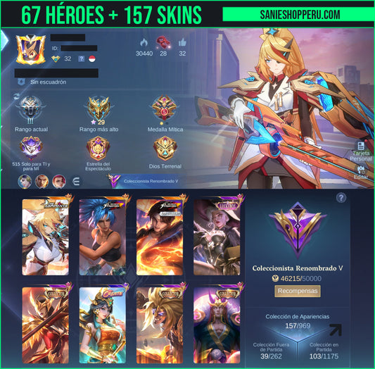 Mobile Legends | 67 HÉROES + 157 SKINS| Aspirant Lesley⭐, KOF: Valir , Karina , LUCKYBOX Alice , COLLECTOR💎: Valir , Pharsa , Badang