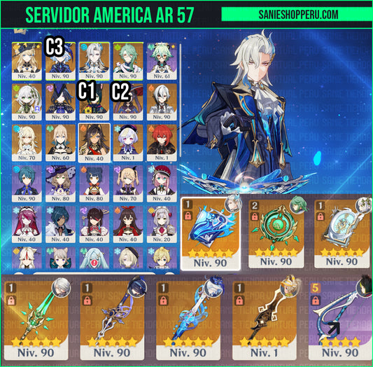 [Nivel 57] Neuvillete + Arma 5⭐, Furina C3 + Arma 5⭐, Baizhu + Arma 5⭐ R2, Clorinde + Arma 5⭐, Nahida, Arlecchino , Navia, Mona C2, Qiqi, Diluc, Dehya, Jean, Tighnari C1, Perforanubes, Oración Perdida