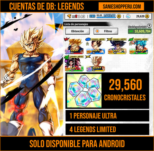 [Android] 29,560 Cronocristales 💎|  ⭐️ Majin Vegeta[ULTRA] | ⭐️ 4 Legends Limited | Dragon Ball: Legends Cuenta Reroll