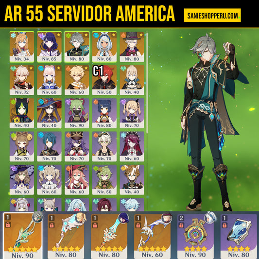 [NIVEL 55] Alhacén + Clorofilo Refulgente , Escoffier , Raiden Shogun , Mualani , Lyney , Kokomi , Kazuha , Diluc C1 , Tignari , Mona , Jean , Arco de Amos , Alas celestiales , Púa Celestial