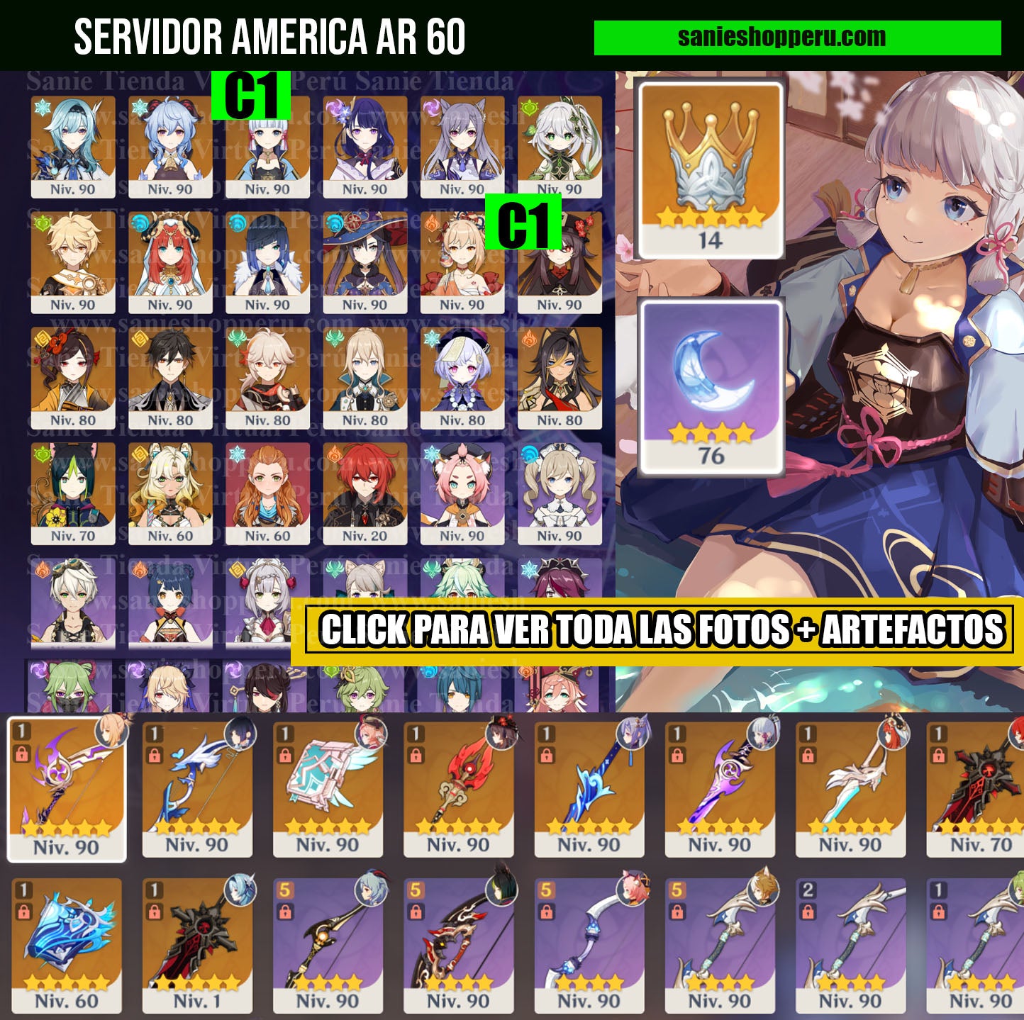 [AR 60] Hu Tao C1 + BáculoDeHoma⭐, Ayaka C1 +ReflejoDeLasTinieblas⭐ , Raiden Shogun , Xilonen , Yelan + AquaSimulacra⭐ , Zhongli , Yoimiya + Agitador⭐, Kazuha , Nahida , Eula , Ganyu , Nilou , Chiori